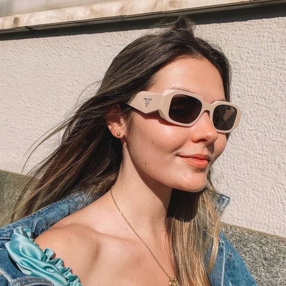 Prada PR17WS VYJ6X1 Sunglasses Powder Beige Brown Rectangle Unisex - Picture 3 of 12